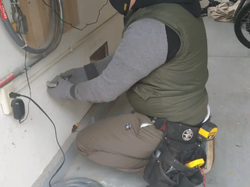 Electrician performing outlet wiring in a Newburgh garage